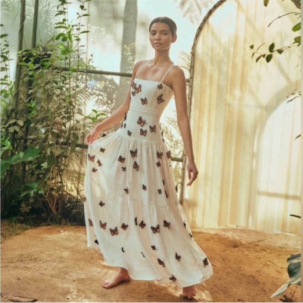 Agua by Agua Bendita White Maxi Dress with Brown Butterfly Motif
